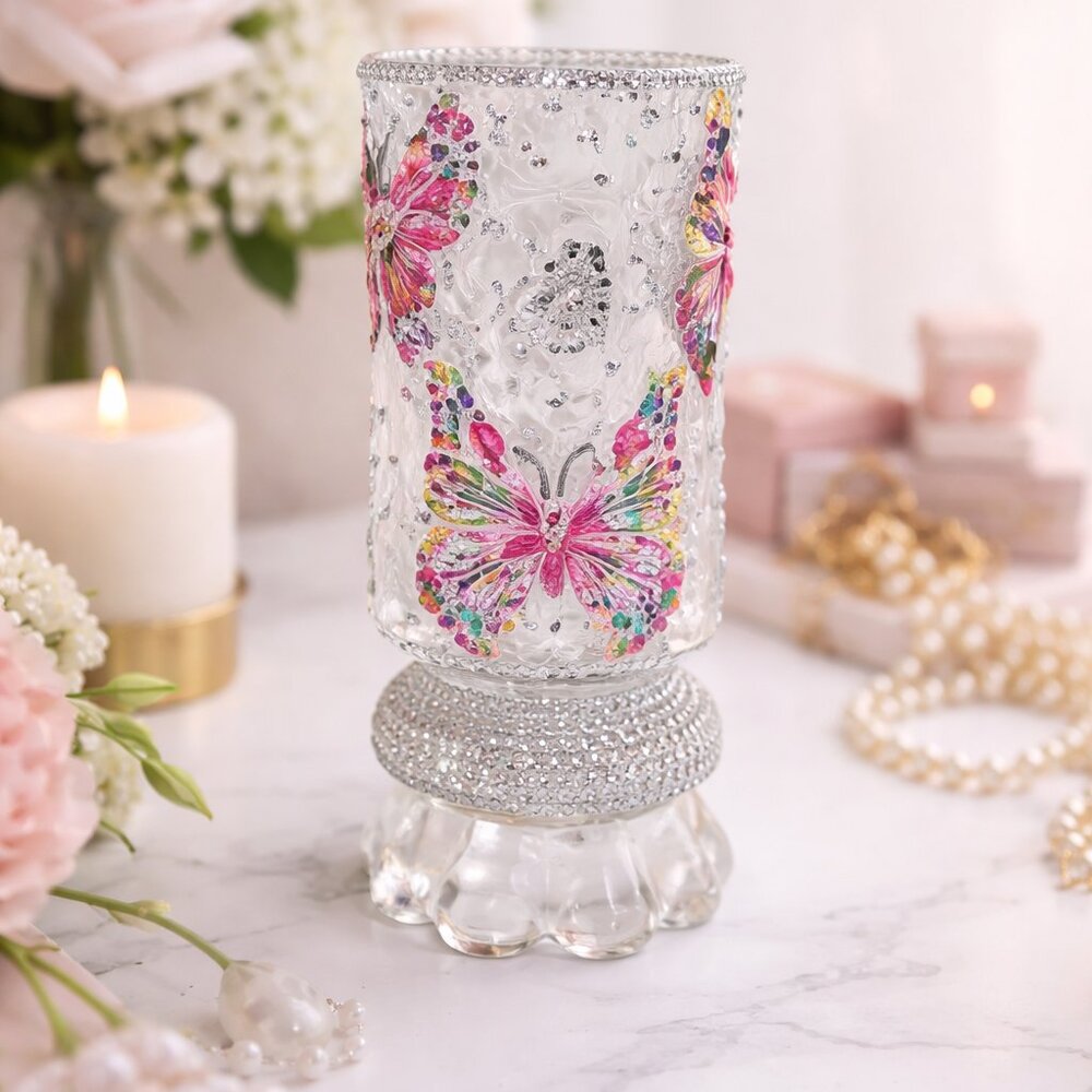 Handcrafted Glass Butterfly Vase Pink Green Rhinestone Floral Decor